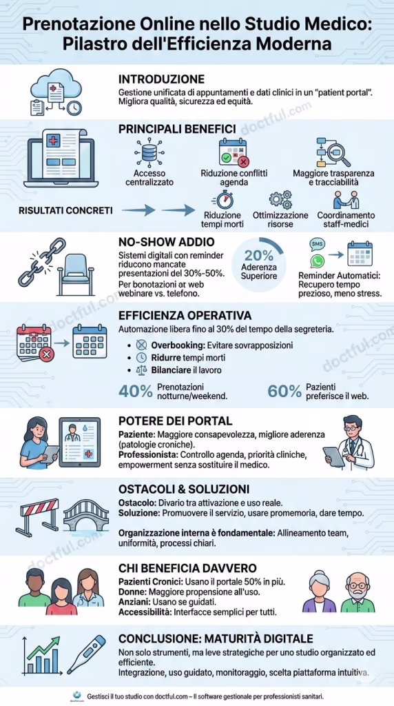 Infografica - Prenotazione online studio medico: 8+ vantaggi strategici basati su evidenze scientifiche